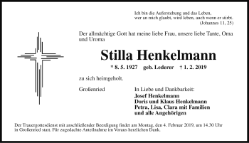 Traueranzeige von Stilla Henkelmann von Rothenburg