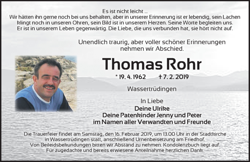  Traueranzeige für Thomas Rohr vom 14.02.2019 aus Dinkelsbühl/ Feuchtwangen