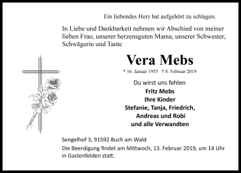 Traueranzeige von Vera Mebs von Rothenburg