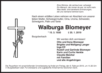 Traueranzeige von Walburga Blomeyer von Ansbach
