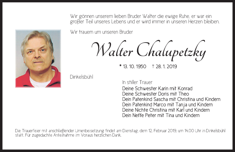  Traueranzeige für Walter Chalupetzky vom 09.02.2019 aus Dinkelsbühl/ Feuchtwangen