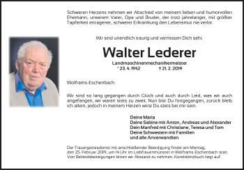 Traueranzeige von Walter Lederer von Ansbach