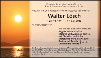 Traueranzeige von Walter Lösch von Ansbach