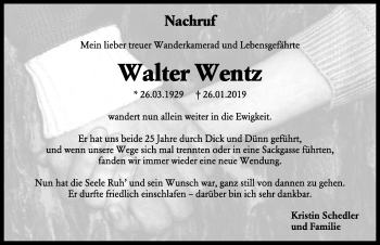 Traueranzeige von Walter Wentz von Fränkische Landeszeitung