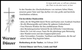 Traueranzeige von Werner Dänzer von Rothenburg