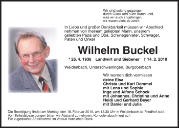 Traueranzeige von Wilhelm Buckel von Dinkelsbühl/ Feuchtwangen