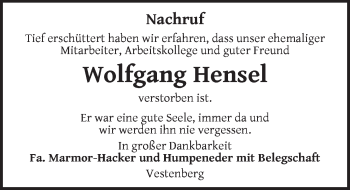 Traueranzeige von Wolfgang Hensel von Ansbach