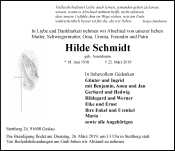 Traueranzeige von Hilde Schmidt von Rothenburg