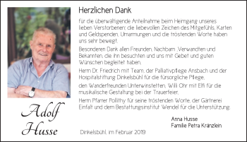 Traueranzeige von Adolf Husse von Dinkelsbühl/ Feuchtwangen