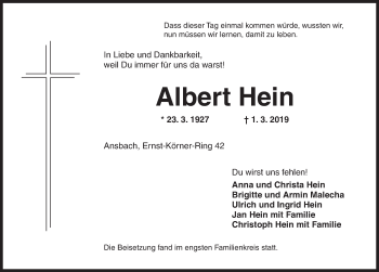 Traueranzeige von Albert Hein von Ansbach