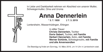 Traueranzeige von Anna Dennerlein von Dinkelsbühl/ Feuchtwangen