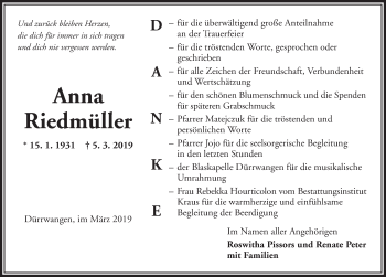 Traueranzeige von Anna Riedmüller von Dinkelsbühl/ Feuchtwangen