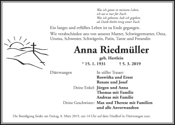 Traueranzeige von Anna Riedmüller von Dinkelsbühl/ Feuchtwangen