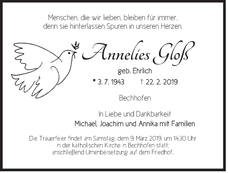  Traueranzeige für Annelies Gloß vom 01.03.2019 aus Dinkelsbühl/ Feuchtwangen