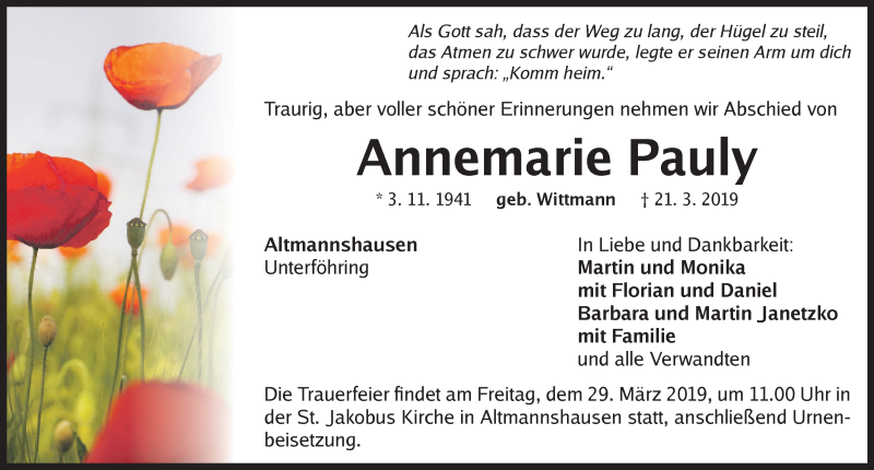  Traueranzeige für Annemarie Pauly vom 27.03.2019 aus Neustadt/ Scheinfeld/ Uffenheim