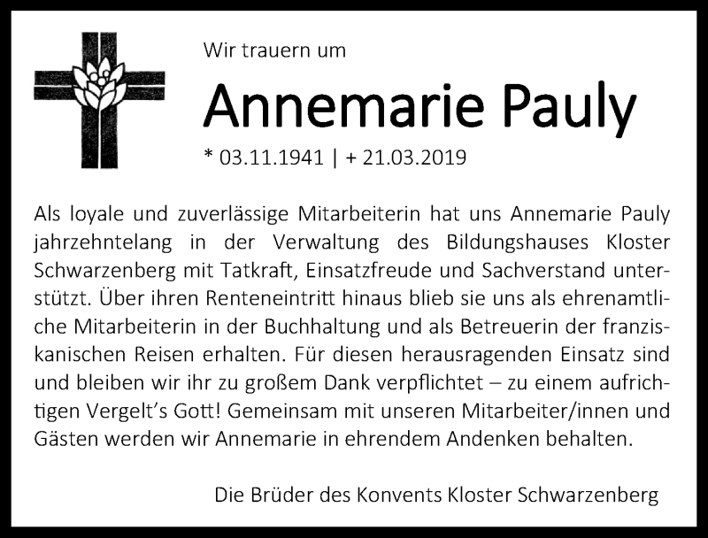  Traueranzeige für Annemarie Pauly vom 27.03.2019 aus Neustadt/ Scheinfeld/ Uffenheim