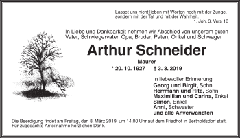 Traueranzeige von Arthur Schneider von Ansbach