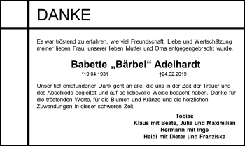 Traueranzeige von Babette  Adelhardt von Neustadt/ Scheinfeld/ Uffenheim