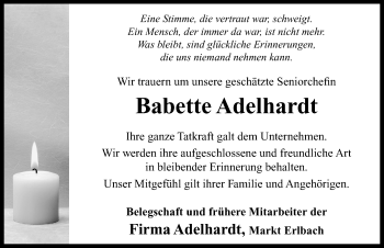 Traueranzeige von Babette  Adelhardt von Neustadt/ Scheinfeld/ Uffenheim
