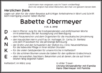 Traueranzeige von Babette Obermeyer von Ansbach