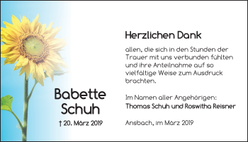 Traueranzeige von Babette Schuh von Ansbach