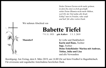 Traueranzeige von Babette Tiefel von Neustadt/ Scheinfeld/ Uffenheim