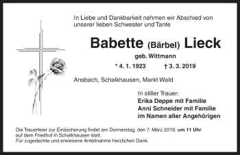 Traueranzeige von Babette Bärbel Lieck von Ansbach
