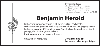 Traueranzeige von Benjamin Herold von Ansbach