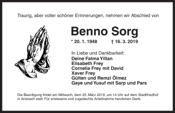 Traueranzeige von Benno Sorg von Ansbach