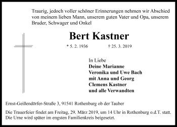 Traueranzeige von Bert Kastner von Rothenburg