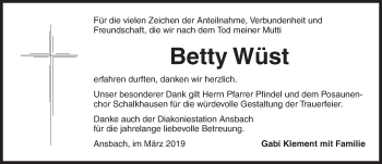 Traueranzeige von Betty Wüst von Ansbach