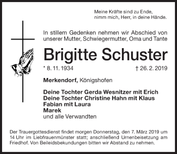 Traueranzeige von Brigitte Schuster von Dinkelsbühl/ Feuchtwangen