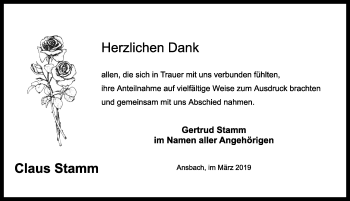 Traueranzeige von Claus Stamm von Ansbach