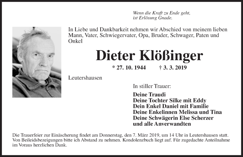  Traueranzeige für Dieter Klößinger vom 05.03.2019 aus Ansbach