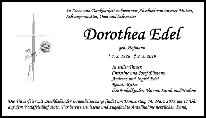  Traueranzeige für Dorothea Edel vom 12.03.2019 aus Ansbach