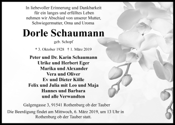Traueranzeige von Dorothea Schaumann von Rothenburg