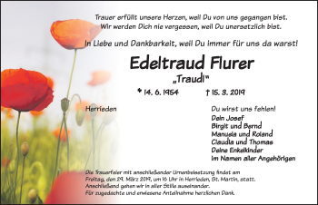 Traueranzeige von Edeltraud Flurer von Dinkelsbühl/ Feuchtwangen
