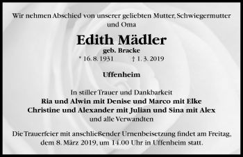 Traueranzeige von Edith Mädler von Neustadt/ Scheinfeld/ Uffenheim