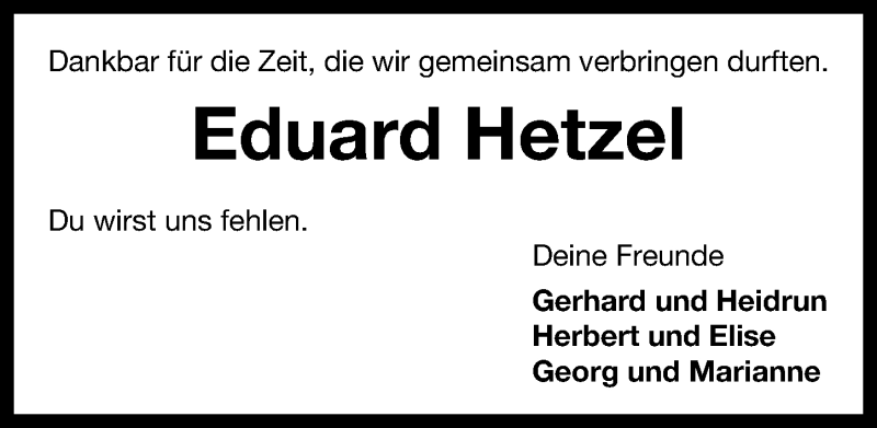  Traueranzeige für Eduard Hetzel vom 09.03.2019 aus Neustadt/ Scheinfeld/ Uffenheim