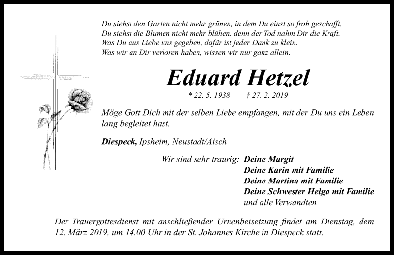  Traueranzeige für Eduard Hetzel vom 09.03.2019 aus Neustadt/ Scheinfeld/ Uffenheim