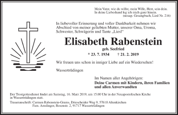 Traueranzeige von Elisabeth Rabenstein von Dinkelsbühl/ Feuchtwangen