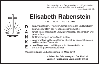 Traueranzeige von Elisabeth Rabenstein von Dinkelsbühl/ Feuchtwangen