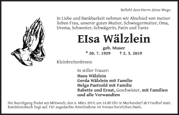 Traueranzeige von Elsa Wälzlein von Ansbach