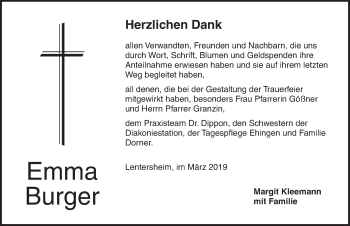 Traueranzeige von Emma Burger von Dinkelsbühl/ Feuchtwangen