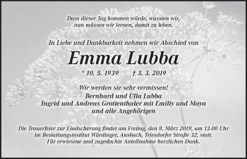 Traueranzeige von Emma Lubba von Ansbach