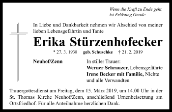 Traueranzeige von Erika Stürzenhofecker von Neustadt/ Scheinfeld/ Uffenheim