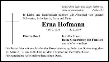 Traueranzeige von Erna Hofmann von Neustadt/ Scheinfeld/ Uffenheim