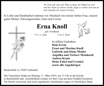 Traueranzeige von Erna Knoll von Rothenburg