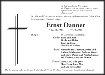 Traueranzeige von Ernst Danner von Dinkelsbühl/ Feuchtwangen