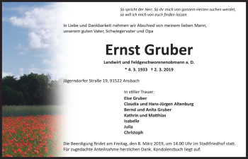Traueranzeige von Ernst Gruber von Ansbach